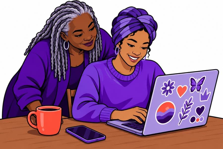 An illustrated mentor and a younger Black woman working together at a table